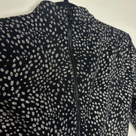 Alice + Olivia Inka Strong Shoulder Mock Neck Mini Dress sz 0 Black Silver Dot - Picture 5 of 7